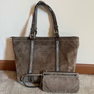Coach Vintage Chocolate Taupe Beaded Suede Tote and Wristlet Set